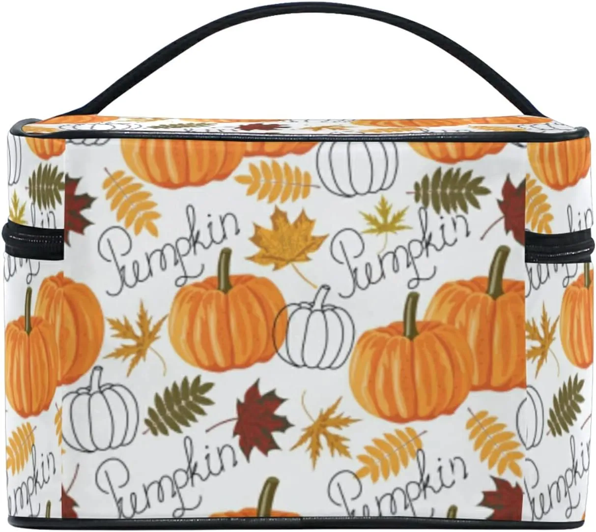 Seamless Autumn Leaves, Orange Pumpkins, Draft Pumpkins Beauty Cosmetic with Zipper Brush Portable Storage Bag, Fashion printing Toiletry, Durable Travel Organizer Tote Unisex Gifts