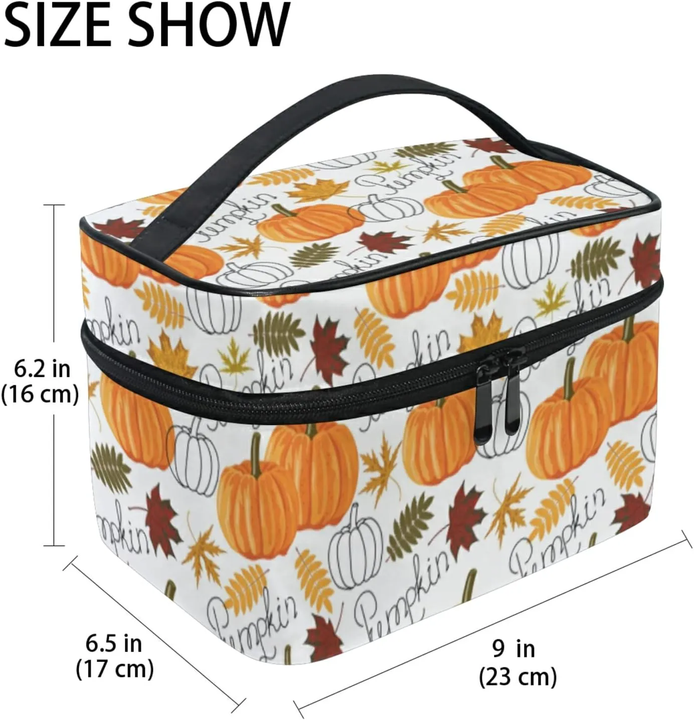 Seamless Autumn Leaves, Orange Pumpkins, Draft Pumpkins Beauty Cosmetic with Zipper Brush Portable Storage Bag, Fashion printing Toiletry, Durable Travel Organizer Tote Unisex Gifts