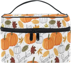Seamless Autumn Leaves, Orange Pumpkins, Draft Pumpkins Beauty Cosmetic with Zipper Brush Portable Storage Bag, Fashion printing Toiletry, Durable Travel Organizer Tote Unisex Gifts