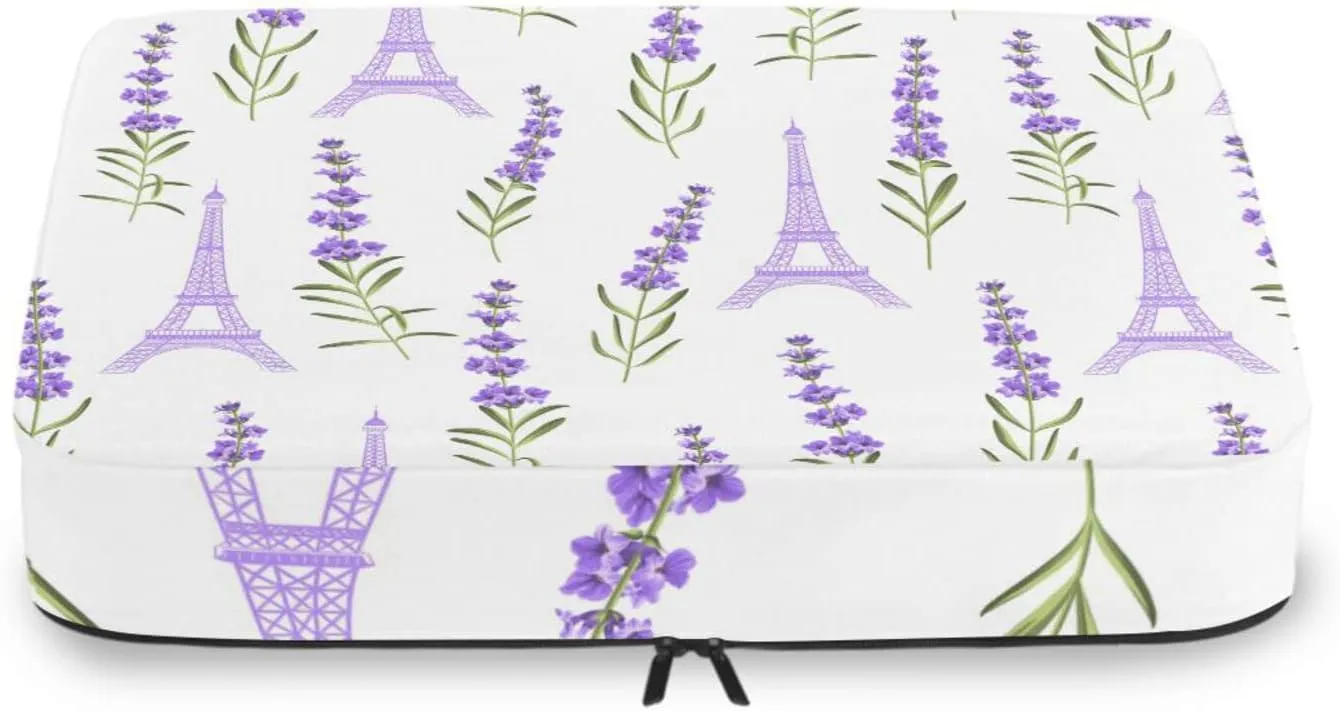 Seamless Violet Lavender Flowers with Green Leaves Eiffel Towers 4 PCs Set Packing Bags, Luggage Organizer Bag, Portable Cube Toiletry bag, Durable Travel Cosmetic Storage Bag for Men Women