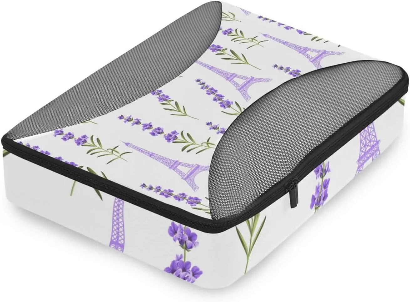Seamless Violet Lavender Flowers with Green Leaves Eiffel Towers 4 PCs Set Packing Bags, Luggage Organizer Bag, Portable Cube Toiletry bag, Durable Travel Cosmetic Storage Bag for Men Women