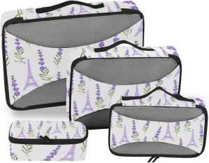 Seamless Violet Lavender Flowers with Green Leaves Eiffel Towers 4 PCs Set Packing Bags, Luggage Organizer Bag, Portable Cube Toiletry bag, Durable Travel Cosmetic Storage Bag for Men Women