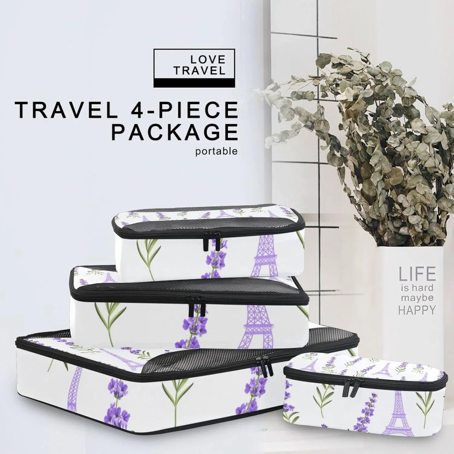 Seamless Violet Lavender Flowers with Green Leaves Eiffel Towers 4 PCs Set Packing Bags, Luggage Organizer Bag, Portable Cube Toiletry bag, Durable Travel Cosmetic Storage Bag for Men Women