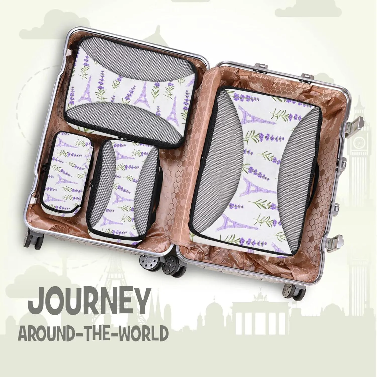 Seamless Violet Lavender Flowers with Green Leaves Eiffel Towers 4 PCs Set Packing Bags, Luggage Organizer Bag, Portable Cube Toiletry bag, Durable Travel Cosmetic Storage Bag for Men Women