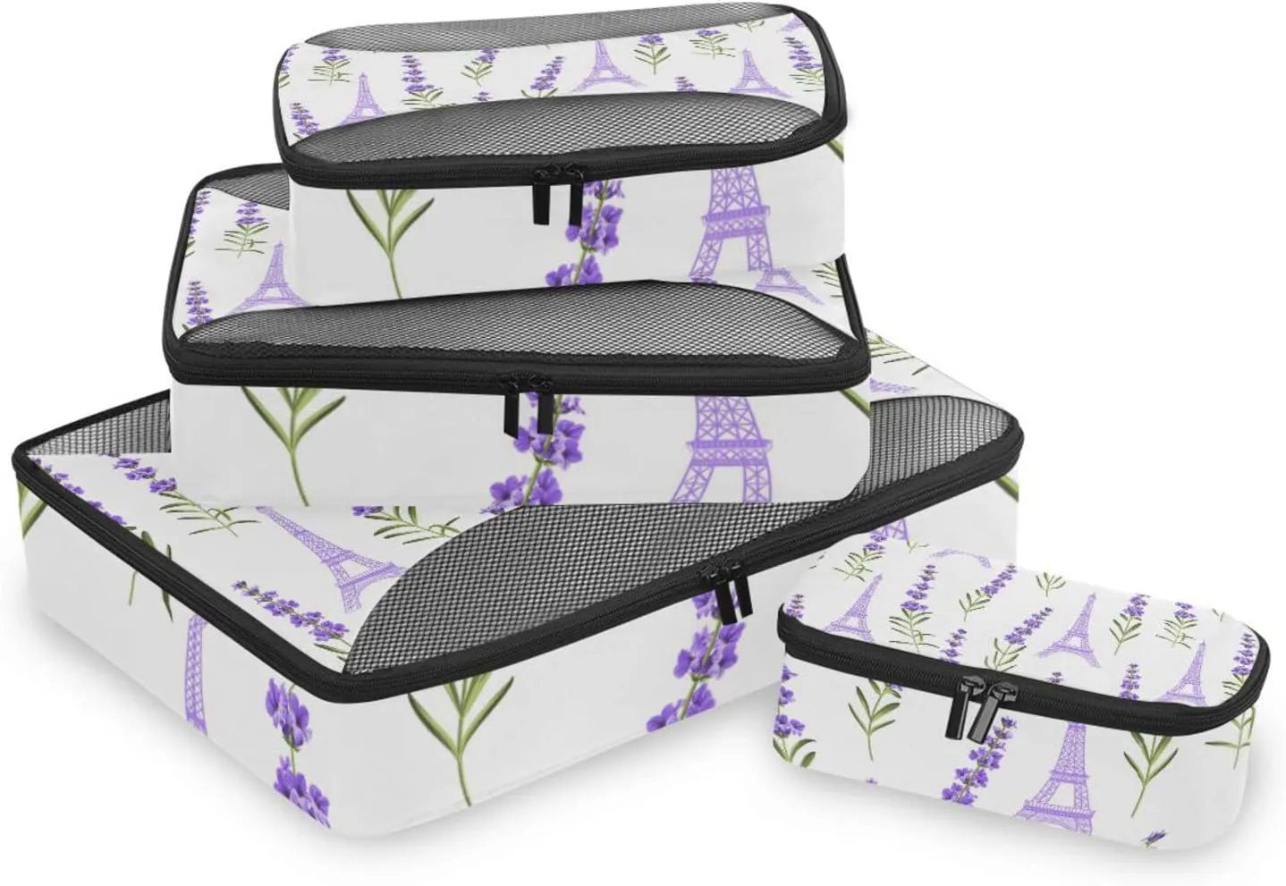 Seamless Violet Lavender Flowers with Green Leaves Eiffel Towers 4 PCs Set Packing Bags, Luggage Organizer Bag, Portable Cube Toiletry bag, Durable Travel Cosmetic Storage Bag for Men Women