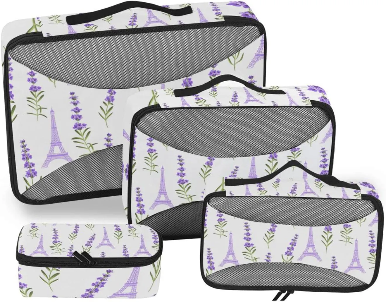 Seamless Violet Lavender Flowers with Green Leaves Eiffel Towers 4 PCs Set Packing Bags, Luggage Organizer Bag, Portable Cube Toiletry bag, Durable Travel Cosmetic Storage Bag for Men Women