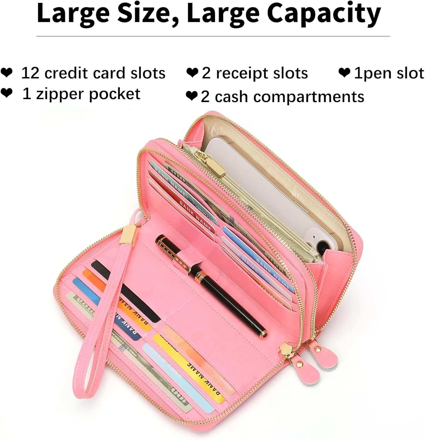 SENDEFN Leather Women Wallet RFID Blocking Zipper Around Phone Holder Clutch Wristlet Large Capacity