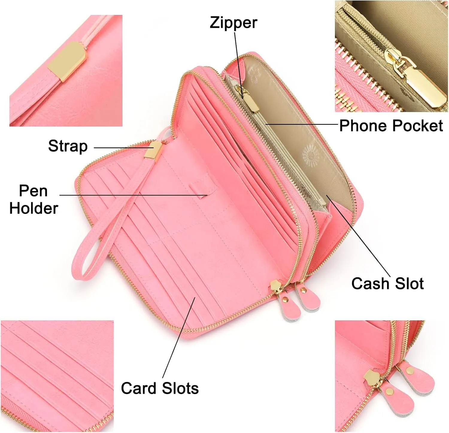 SENDEFN Leather Women Wallet RFID Blocking Zipper Around Phone Holder Clutch Wristlet Large Capacity