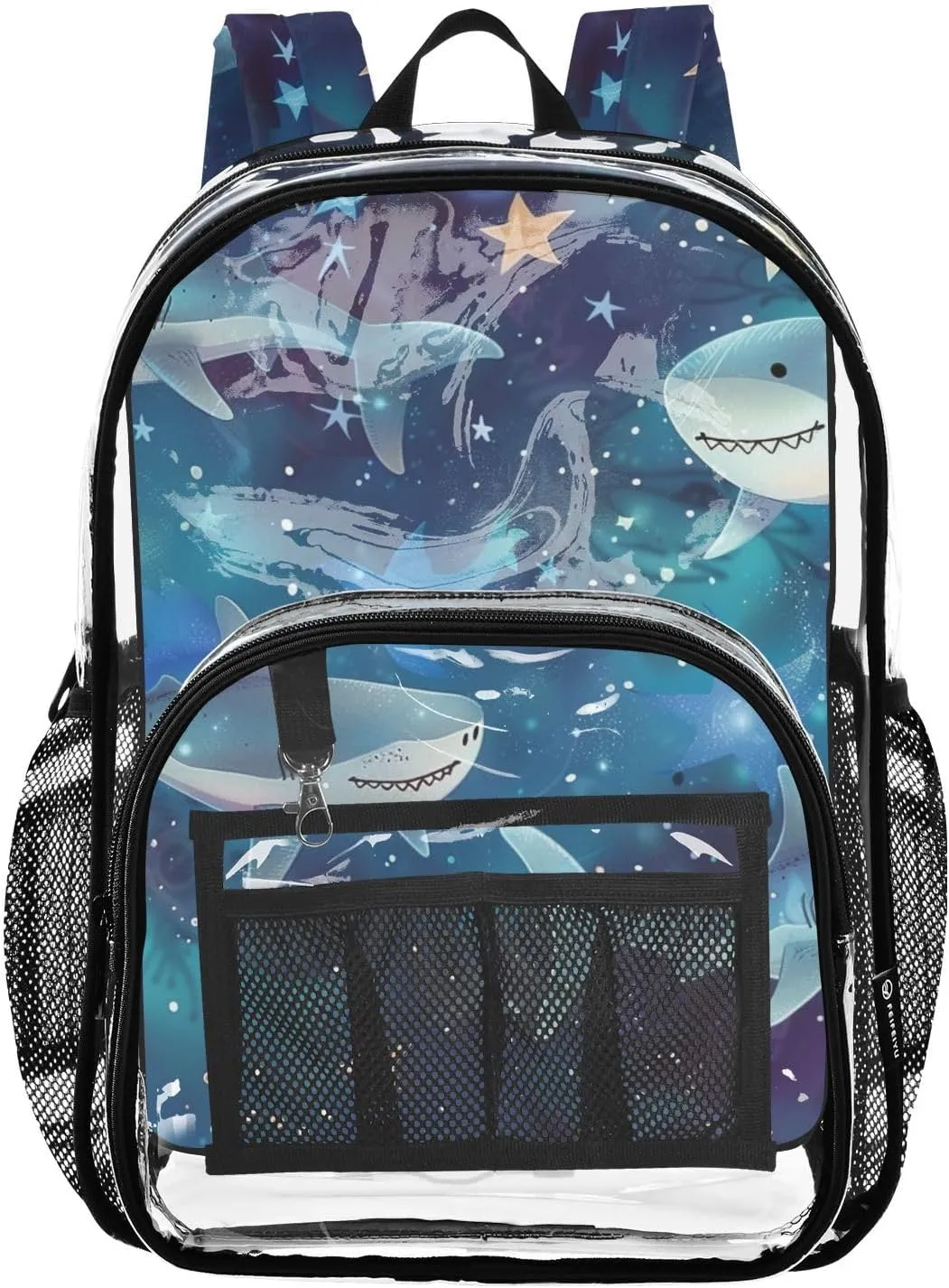 senya Transparent School Bag Sharks Soar in The Starry Sky Travel Backpack With Water-Resistant PVC Plastic Clear Bagpack