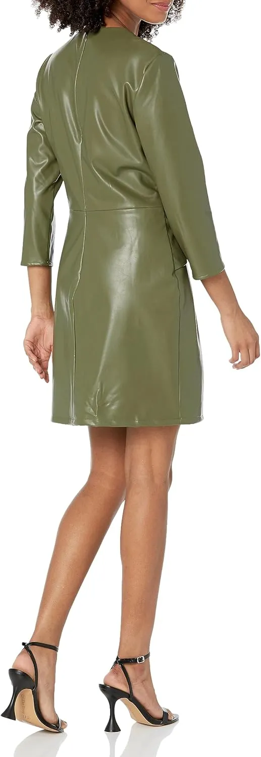Shoshanna Women's Gilda Olive Faux Leather Three Quarter Sleeve Mini Dress