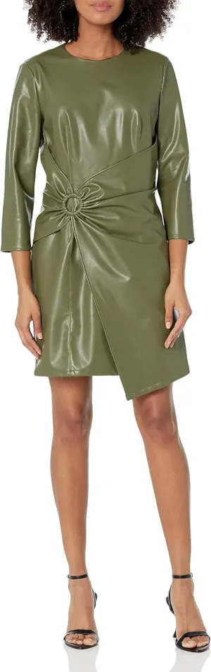 Shoshanna Women's Gilda Olive Faux Leather Three Quarter Sleeve Mini Dress