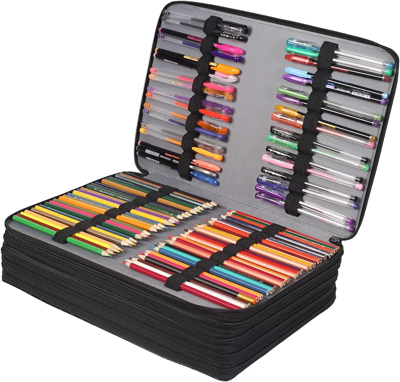 Shulaner Pencil Case Slot Holds 500 Colored Pencils or 340 Color Gel Pens with Zipper Closure Large Capacity PU Leather Pen Organizer Bag with Shoulder Strap (Black Croco, Large Slots)