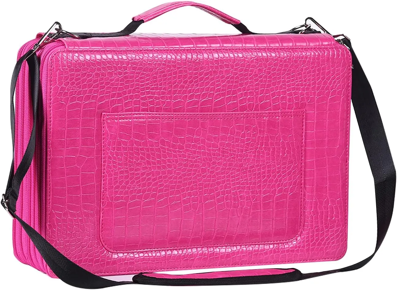 Shulaner Pencil Case Slot Holds 500 Colored Pencils or 340 Color Gel Pens with Zipper Closure Large Capacity PU Leather Pen Organizer Bag with Shoulder Strap (Rose Red Croco, Large Slots)