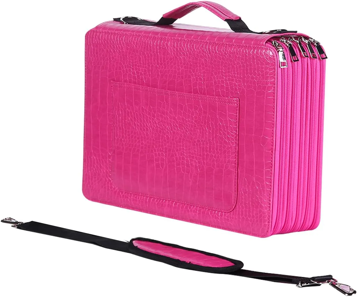 Shulaner Pencil Case Slot Holds 500 Colored Pencils or 340 Color Gel Pens with Zipper Closure Large Capacity PU Leather Pen Organizer Bag with Shoulder Strap (Rose Red Croco, Large Slots)