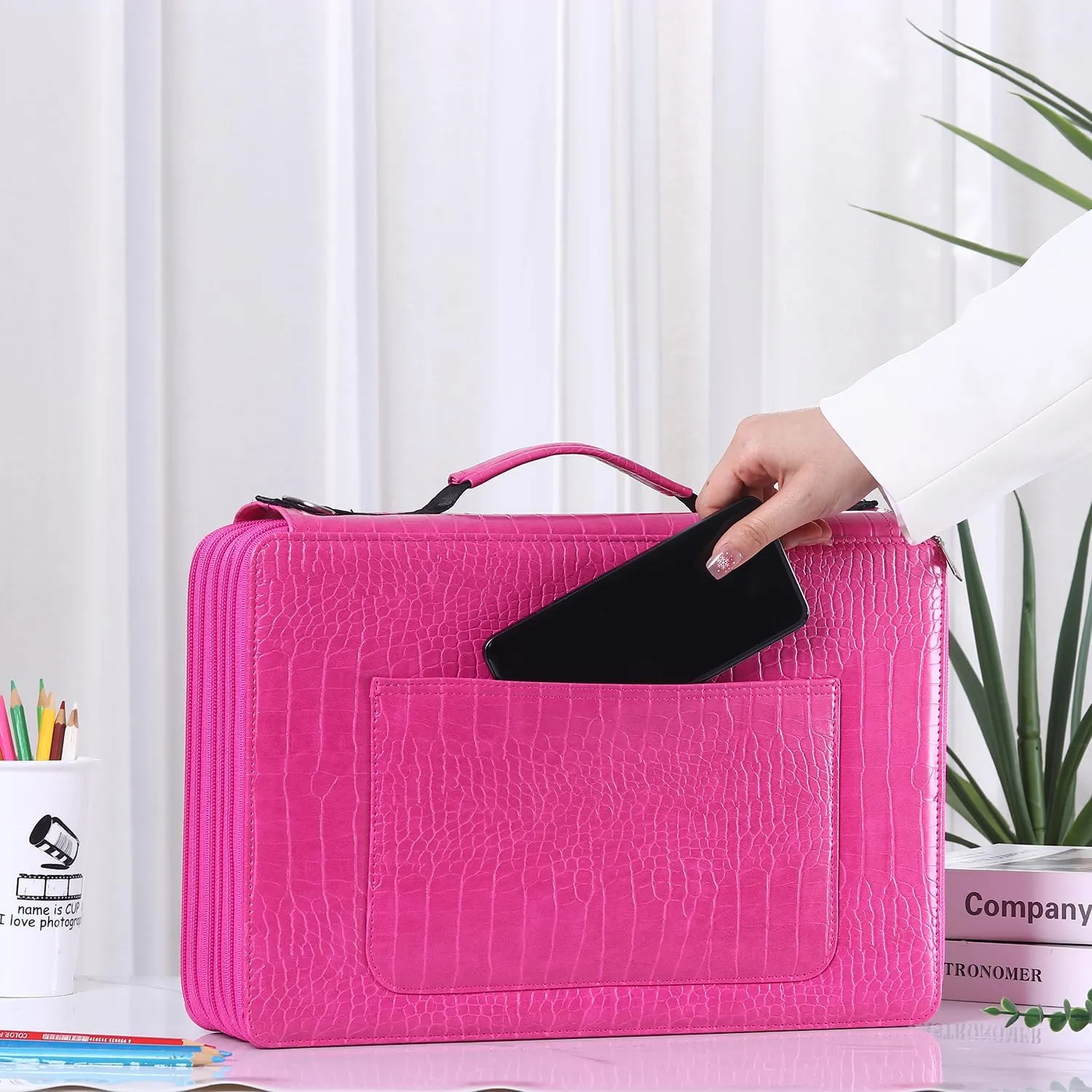 Shulaner Pencil Case Slot Holds 500 Colored Pencils or 340 Color Gel Pens with Zipper Closure Large Capacity PU Leather Pen Organizer Bag with Shoulder Strap (Rose Red Croco, Large Slots)