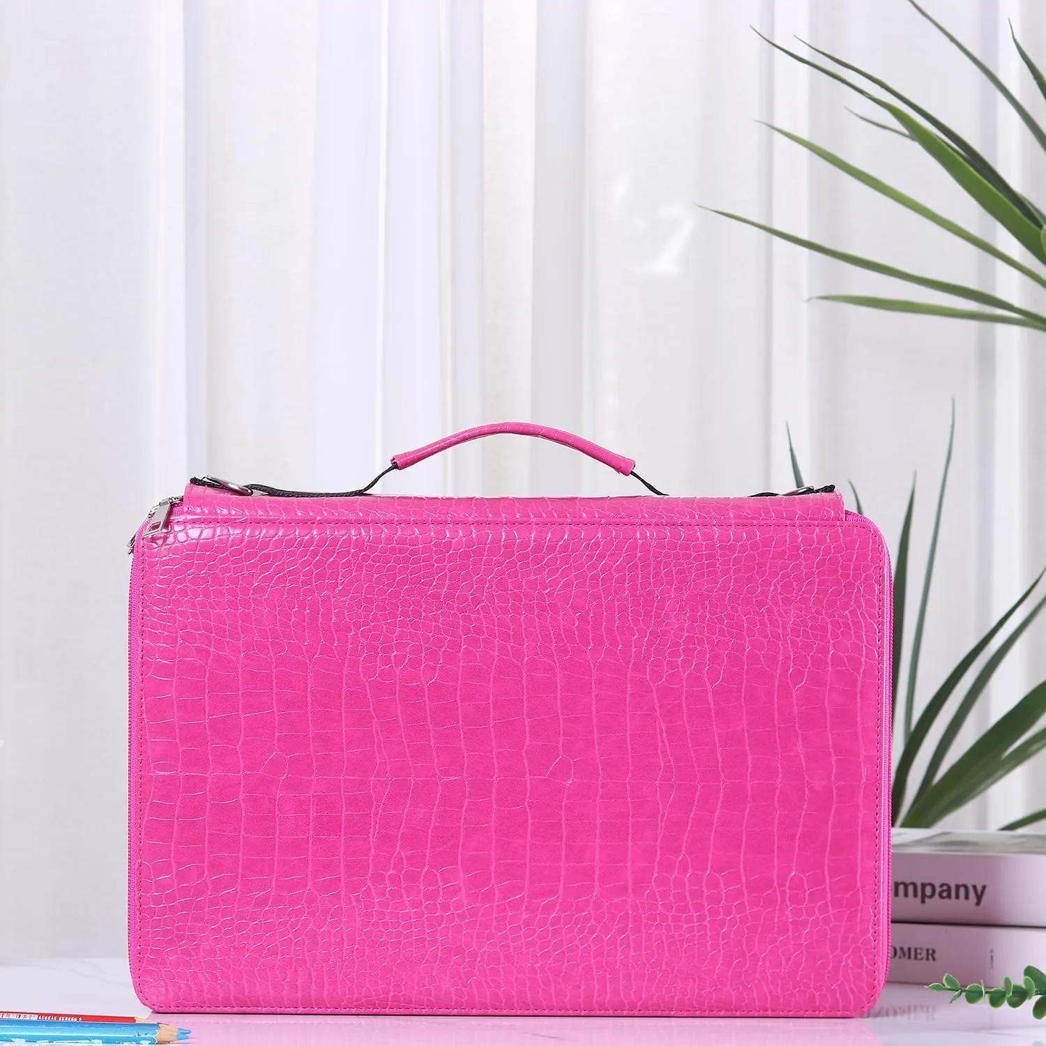 Shulaner Pencil Case Slot Holds 500 Colored Pencils or 340 Color Gel Pens with Zipper Closure Large Capacity PU Leather Pen Organizer Bag with Shoulder Strap (Rose Red Croco, Large Slots)