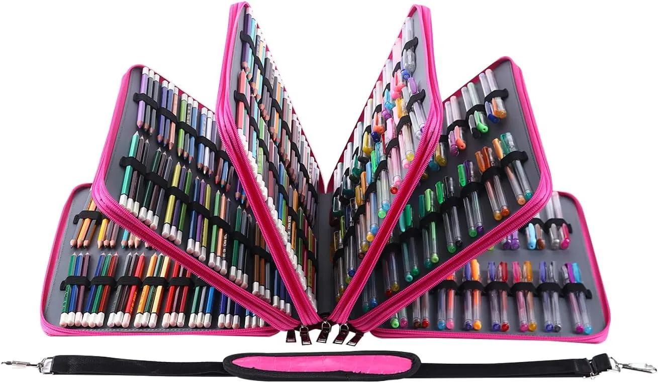 Shulaner Pencil Case Slot Holds 500 Colored Pencils or 340 Color Gel Pens with Zipper Closure Large Capacity PU Leather Pen Organizer Bag with Shoulder Strap (Rose Red Croco, Large Slots)
