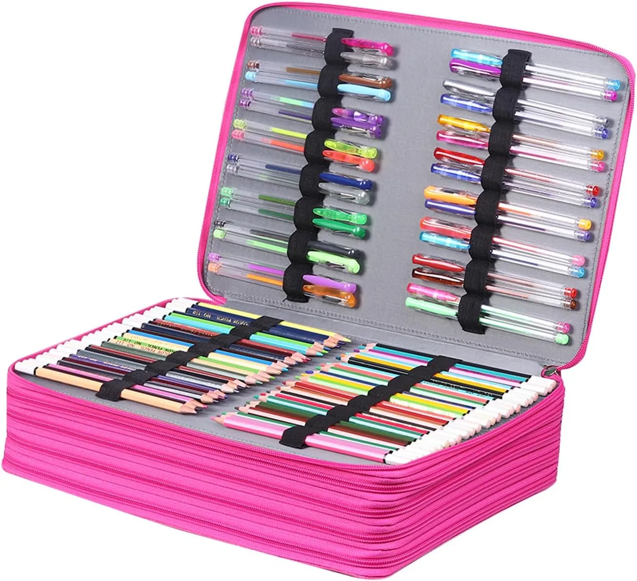Shulaner Pencil Case Slot Holds 500 Colored Pencils or 340 Color Gel Pens with Zipper Closure Large Capacity PU Leather Pen Organizer Bag with Shoulder Strap (Rose Red Croco, Large Slots)