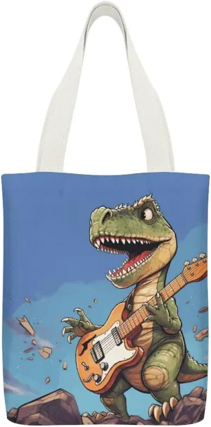 Single-sided Printed Canvas Handbag,Dinosaur Playing Guitar Print Simple Handbag,single Shoulder Tote Bag,canvas Bag