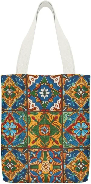 Single-sided Printed Canvas Handbag,Mexican Ceramic Tile Print Simple Handbag,single Shoulder Tote Bag,canvas Bag