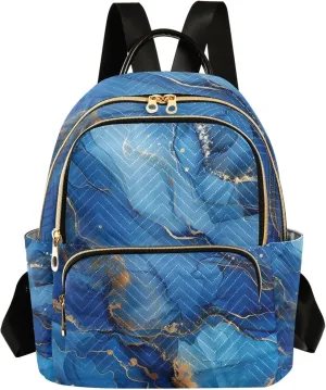 Small Backpack Purse for Women, Blue and Gold Marble Travel Bag Casual Daypack Shoulder Bag