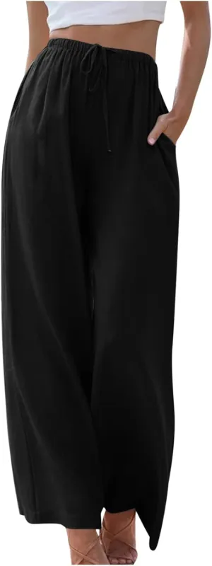 SMIDOW Linen Pants for Women Casual Loose High Waist Drawstring Trousers Wide Leg Baggy Long Pant with Pockets