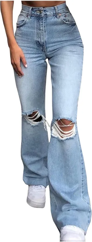 SMIDOW Women's Flare Bell Bottom Ripped Stretch Denim Pants - Flare Leg Bootcut Distressed Y2K Jeans