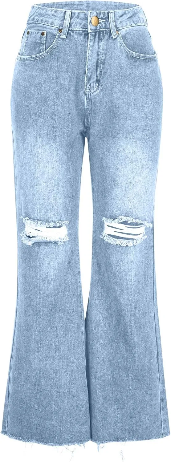 SMIDOW Women's Flare Bell Bottom Ripped Stretch Denim Pants - Flare Leg Bootcut Distressed Y2K Jeans