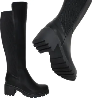 SOBEYO Women's Boots Knee High Chunky Heels Elastics Side Zipper Closure