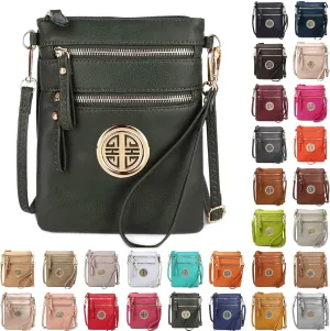 Solene Women's Faux Leather Organizer Multi Zipper Pockets With Detachable Wristlet Crossbody Bag