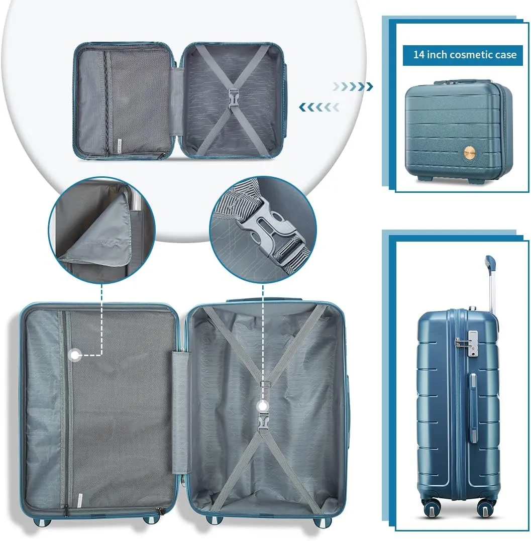 Somago Luggage Sets 3 Piece Hard Shell Polypropylene Suitcase with TSA Lock Spinner Carry On Luggage with Beauty Case Travel Set,Ice Blue