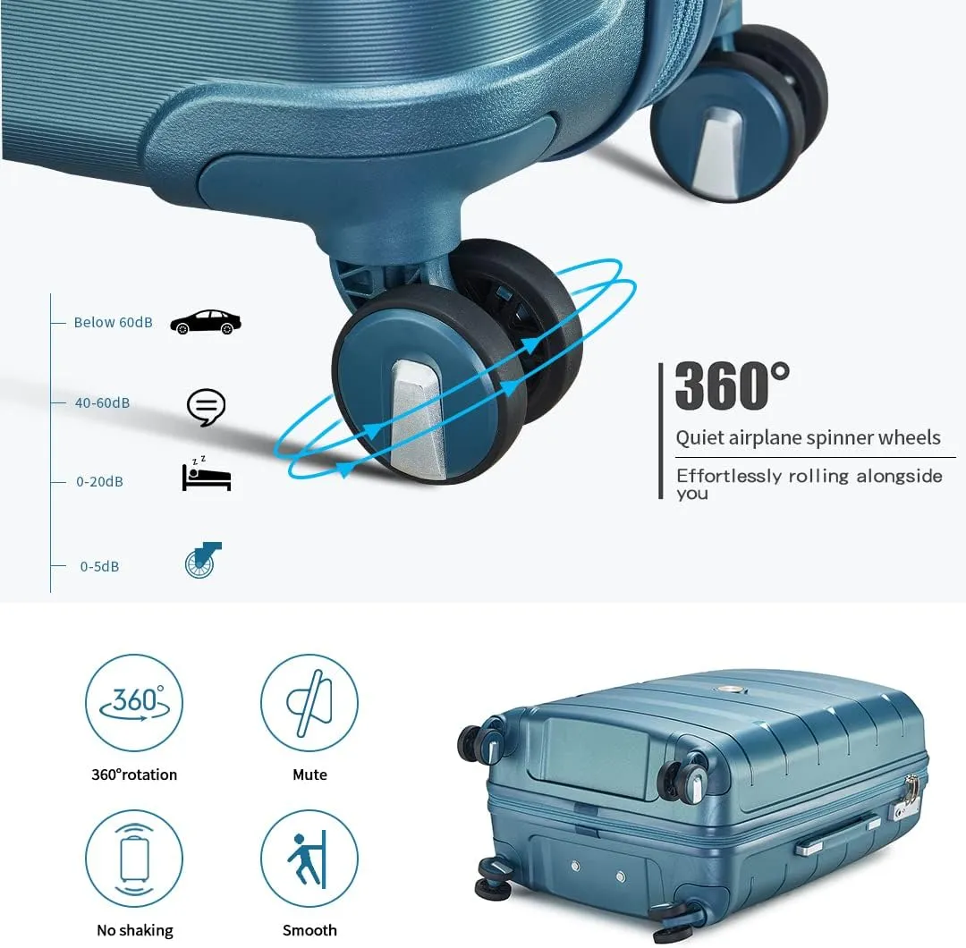 Somago Luggage Sets 3 Piece Hard Shell Polypropylene Suitcase with TSA Lock Spinner Carry On Luggage with Beauty Case Travel Set,Ice Blue