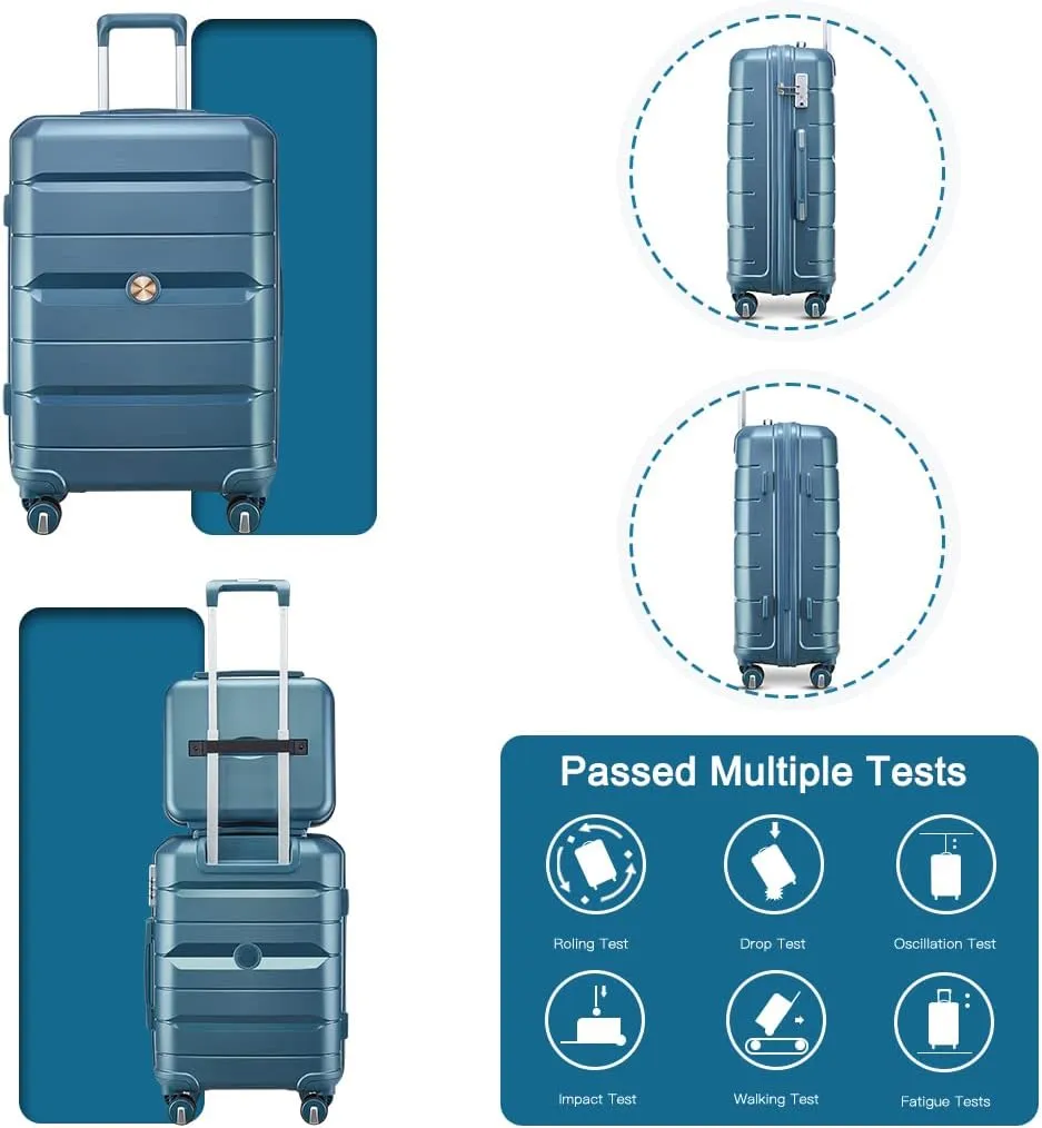 Somago Luggage Sets 3 Piece Hard Shell Polypropylene Suitcase with TSA Lock Spinner Carry On Luggage with Beauty Case Travel Set,Ice Blue