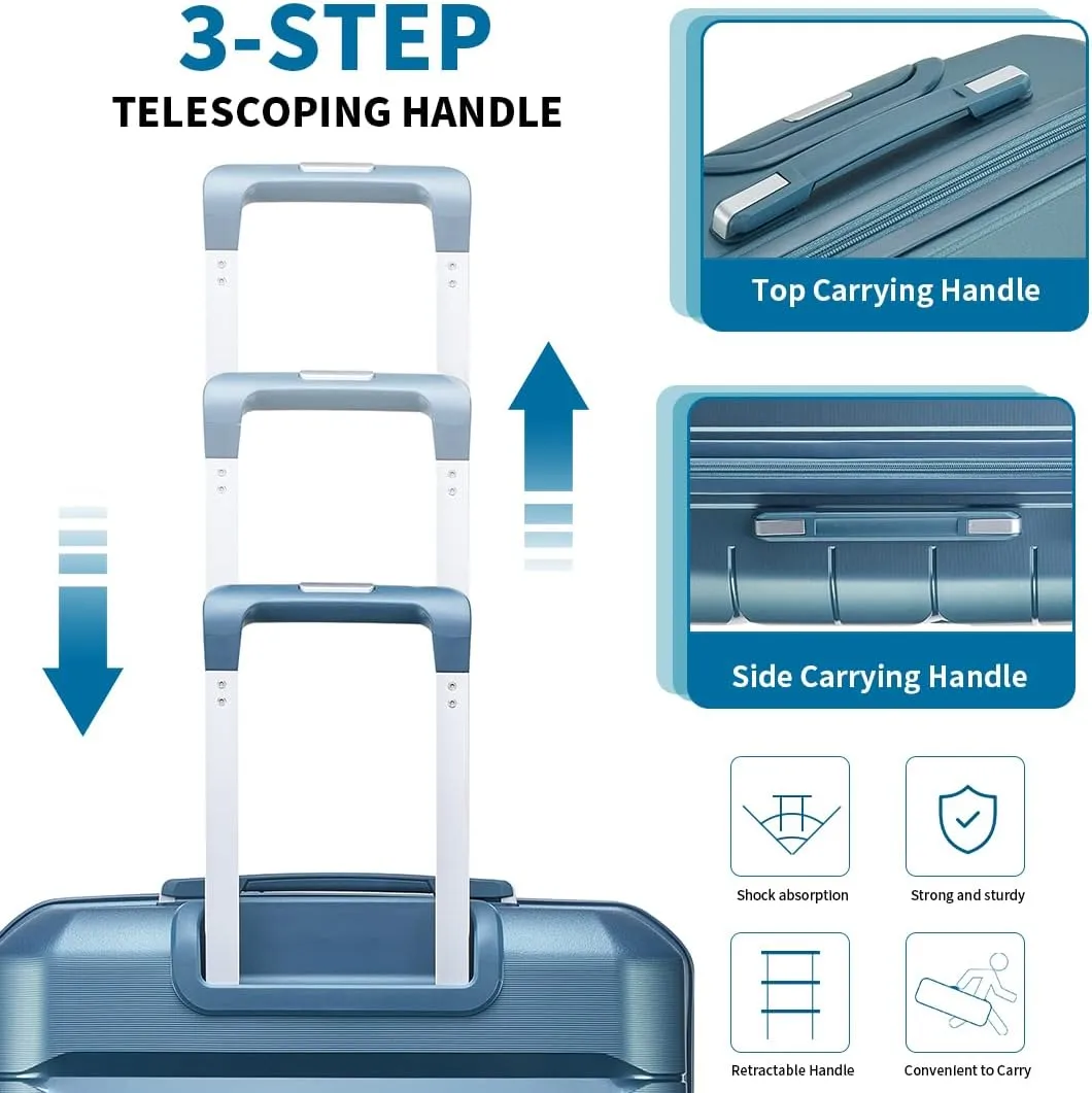 Somago Luggage Sets 3 Piece Hard Shell Polypropylene Suitcase with TSA Lock Spinner Carry On Luggage with Beauty Case Travel Set,Ice Blue