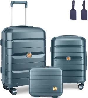 Somago Luggage Sets 3 Piece Hard Shell Polypropylene Suitcase with TSA Lock Spinner Carry On Luggage with Beauty Case Travel Set,Ice Blue