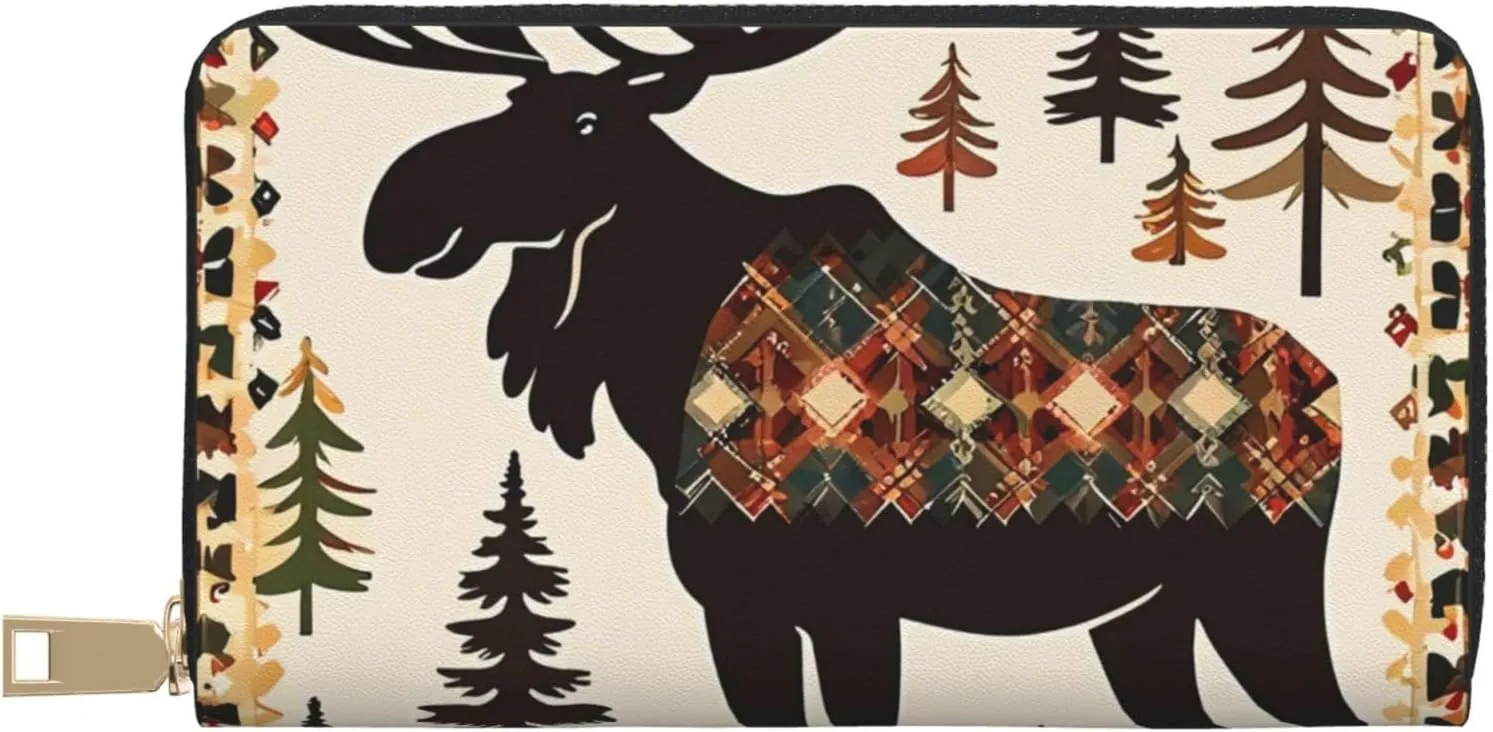 Stately Moose Print Wallet with Zipper,Women's Large Capacity Clutch Purse,Cute Imitation Leather Wallet
