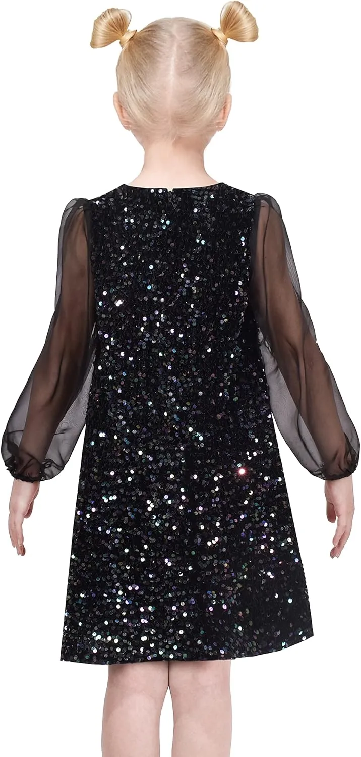 Sunny Fashion Girls Dress Black Sequin Sheer Mesh Long Sleeve Party Elegant Ball Gown