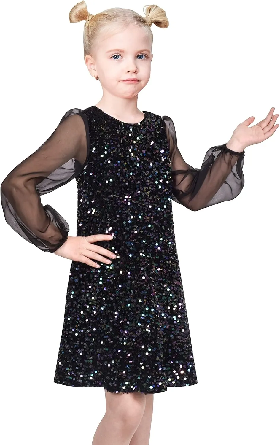 Sunny Fashion Girls Dress Black Sequin Sheer Mesh Long Sleeve Party Elegant Ball Gown