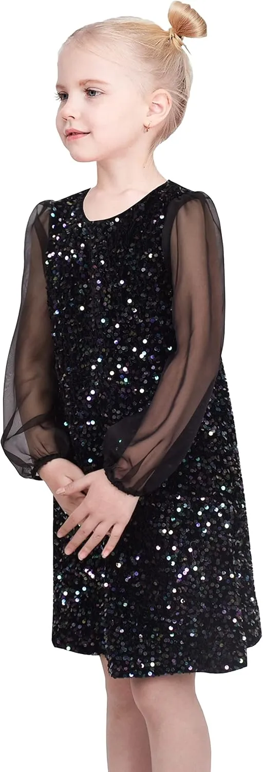Sunny Fashion Girls Dress Black Sequin Sheer Mesh Long Sleeve Party Elegant Ball Gown
