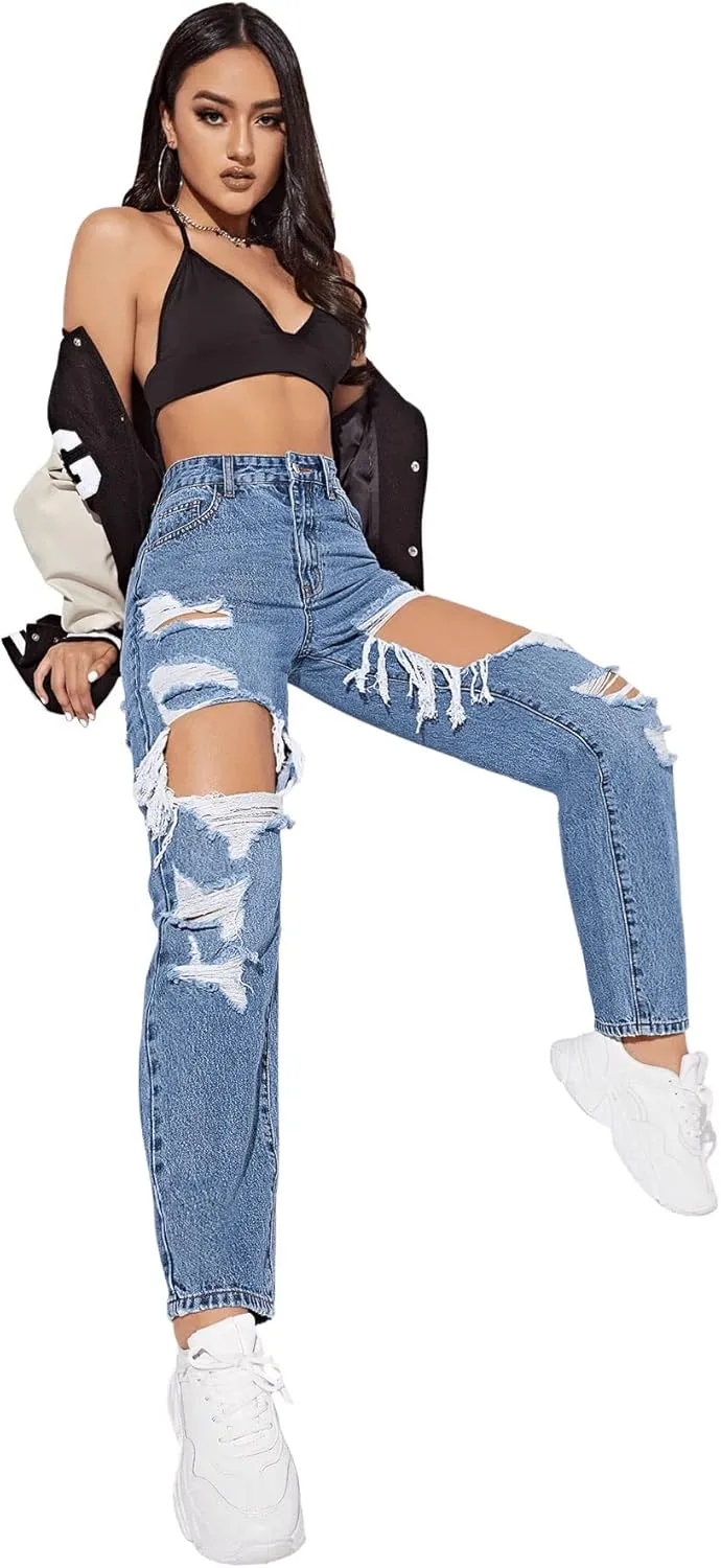 SweatyRocks Women's Ripped Straight Leg Jeans High Waist Distressed Cutout Denim Pants