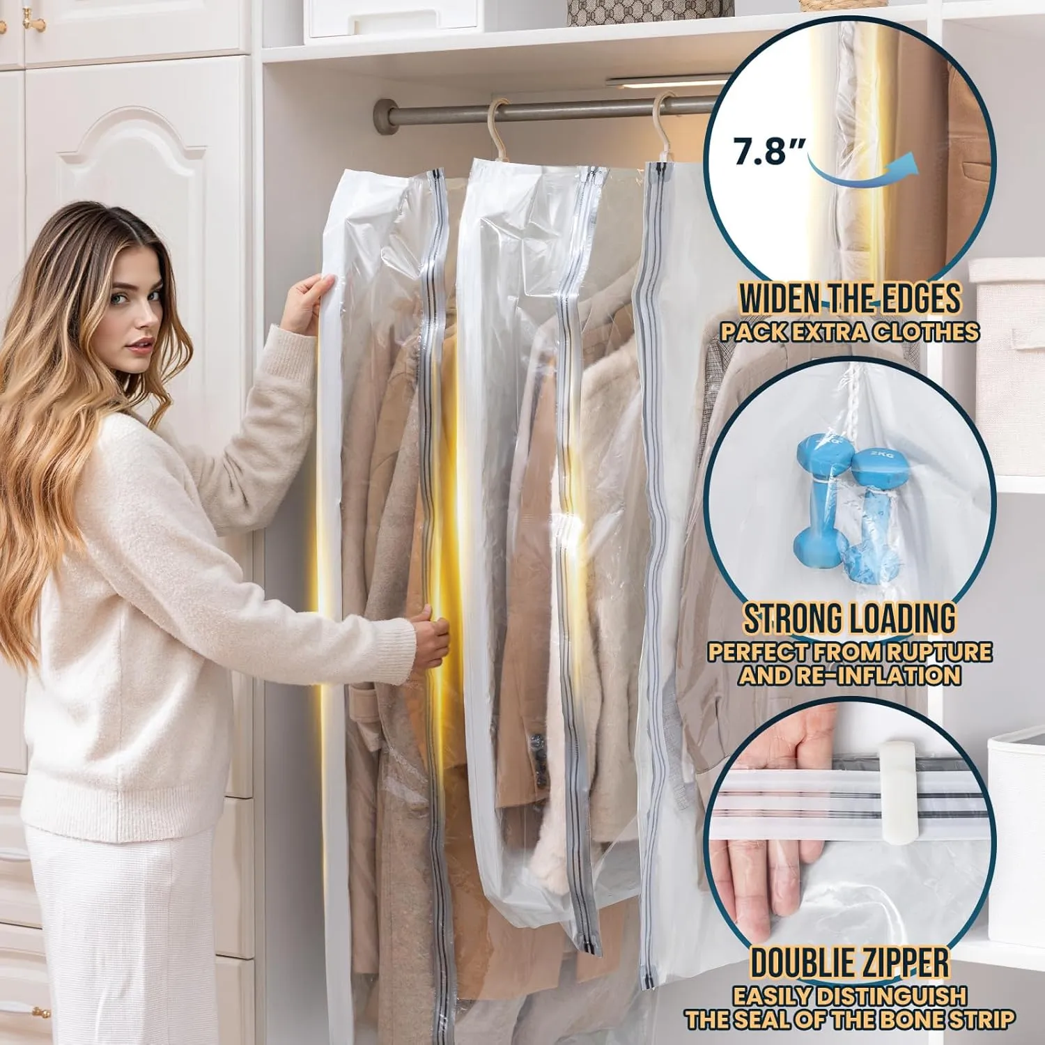 TAILI Hanging Vacuum Sealer Storage Space Saver Bags for Clothes, Closet, Travel, Side-Widen, 4 Pack (2 Long, 2 Short), Cream