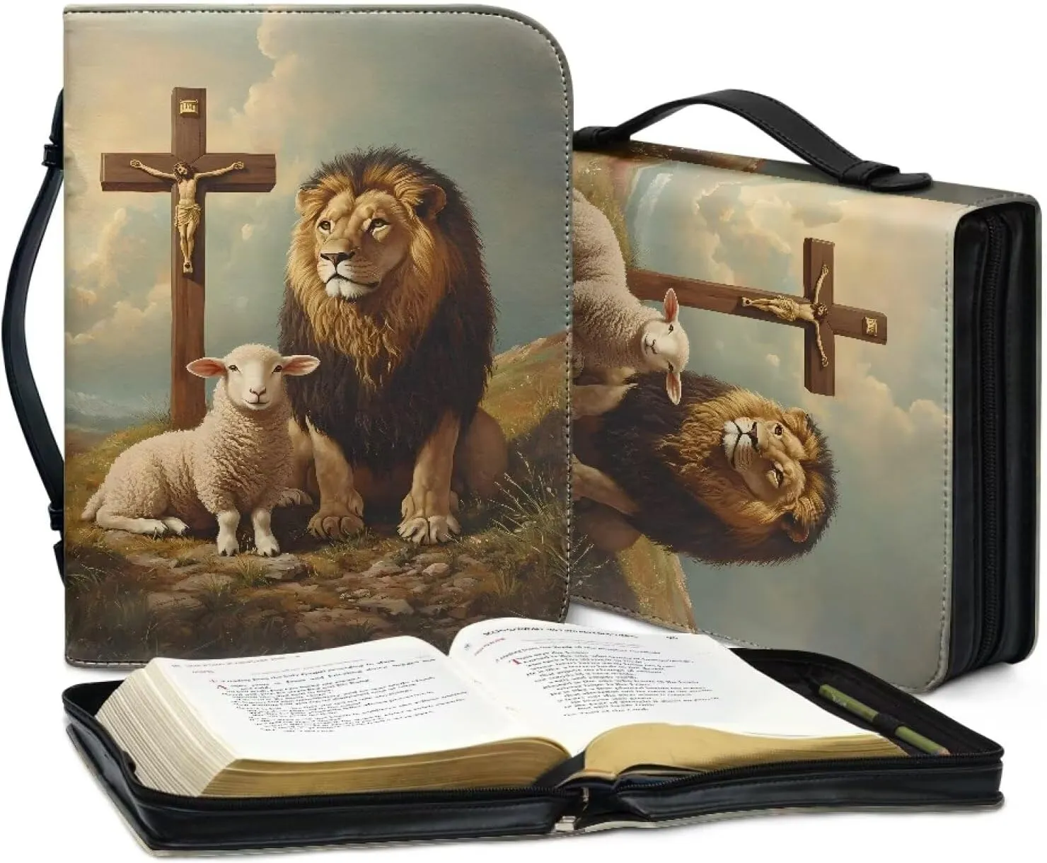 Talayituse Lion Sheep Cross Cloud Print Faux Leather Bible Cover for Men Women, Christian Zipper Bible Case with Handle Carrying Book Cover Study Bible Tote Bag, 2XL