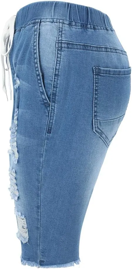 THUNDER STAR Womens Denim Ripped Bermuda Shorts Distressed Knee Length Stretch Short Jeans