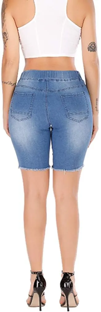 THUNDER STAR Womens Denim Ripped Bermuda Shorts Distressed Knee Length Stretch Short Jeans