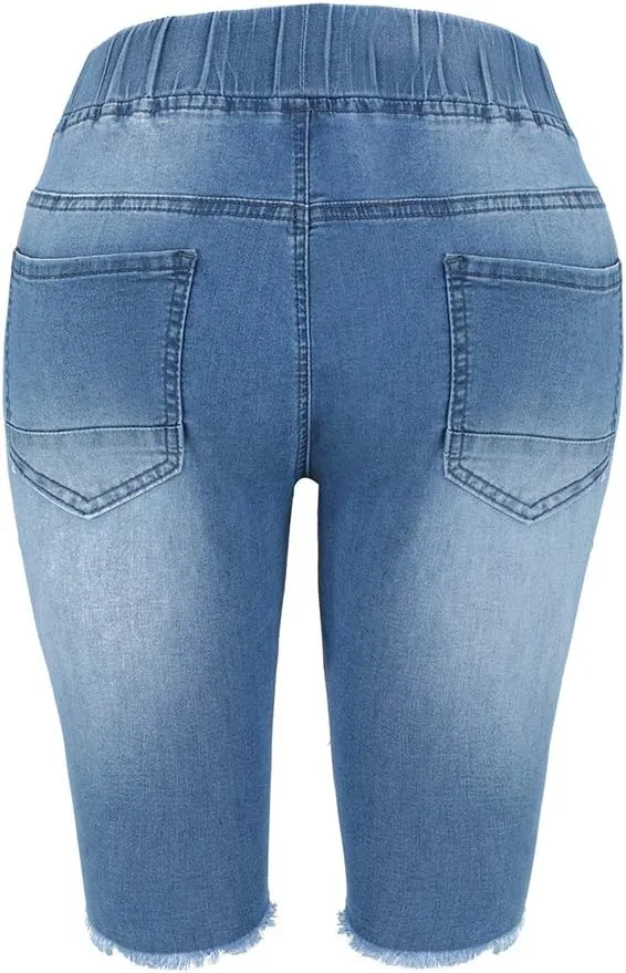 THUNDER STAR Womens Denim Ripped Bermuda Shorts Distressed Knee Length Stretch Short Jeans