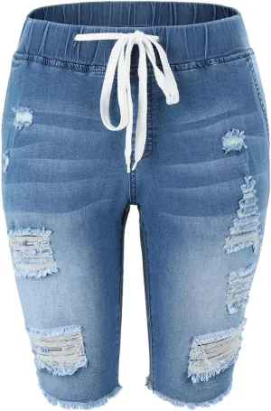THUNDER STAR Womens Denim Ripped Bermuda Shorts Distressed Knee Length Stretch Short Jeans