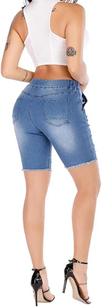 THUNDER STAR Womens Denim Ripped Bermuda Shorts Distressed Knee Length Stretch Short Jeans