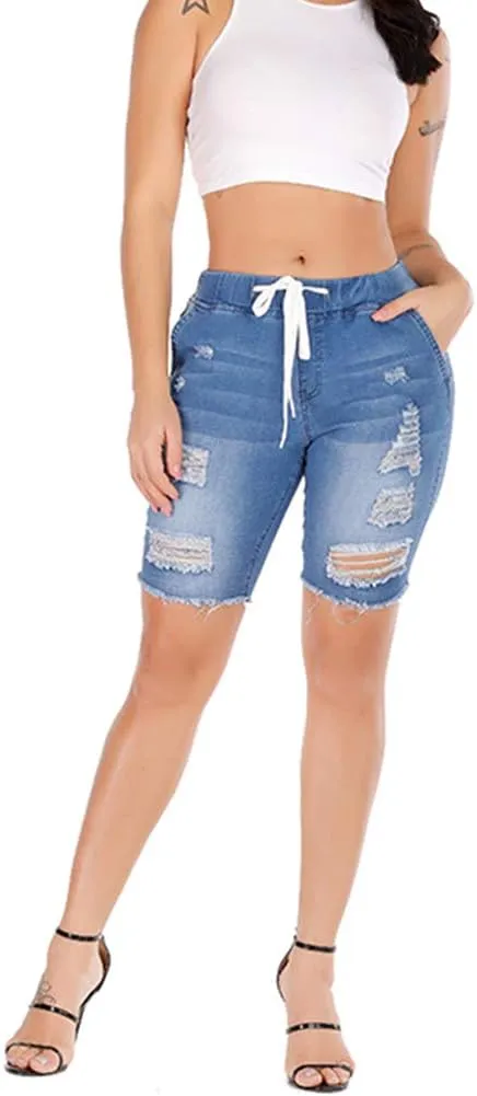 THUNDER STAR Womens Denim Ripped Bermuda Shorts Distressed Knee Length Stretch Short Jeans