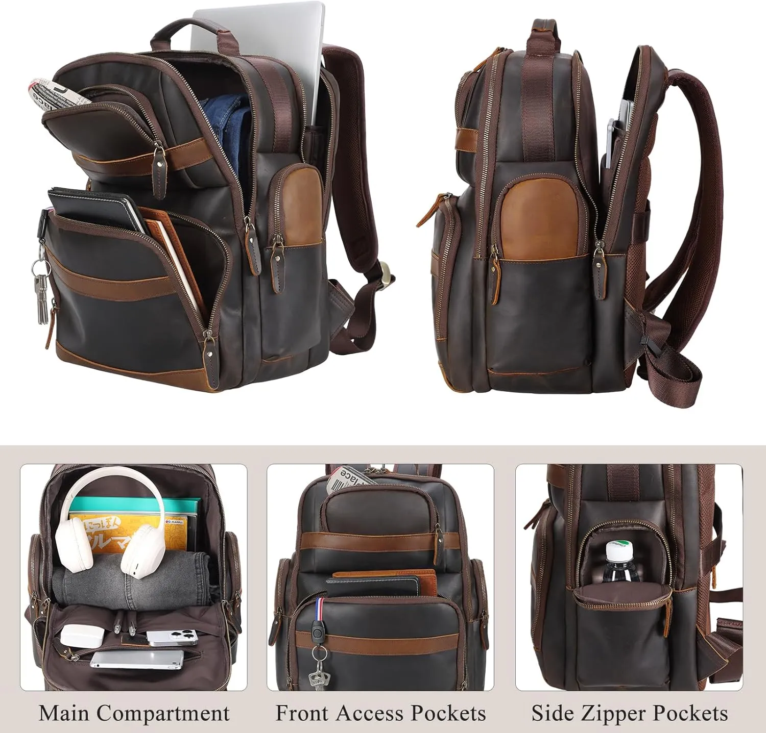 TIDING Men's Vintage Leather Backpack 15.6" Laptop Bag Large Capacity Business Travel Hiking Shoulder Daypacks