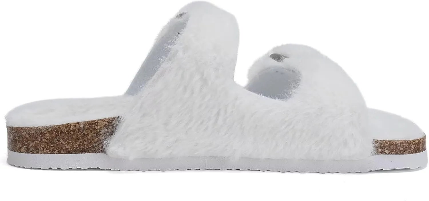 Torotto Kids Open Toe Slippers Boys Girls Fluffy Furry Warm Cork Slide Sandals with Adjustable Buckle for Indoor & Outdoor